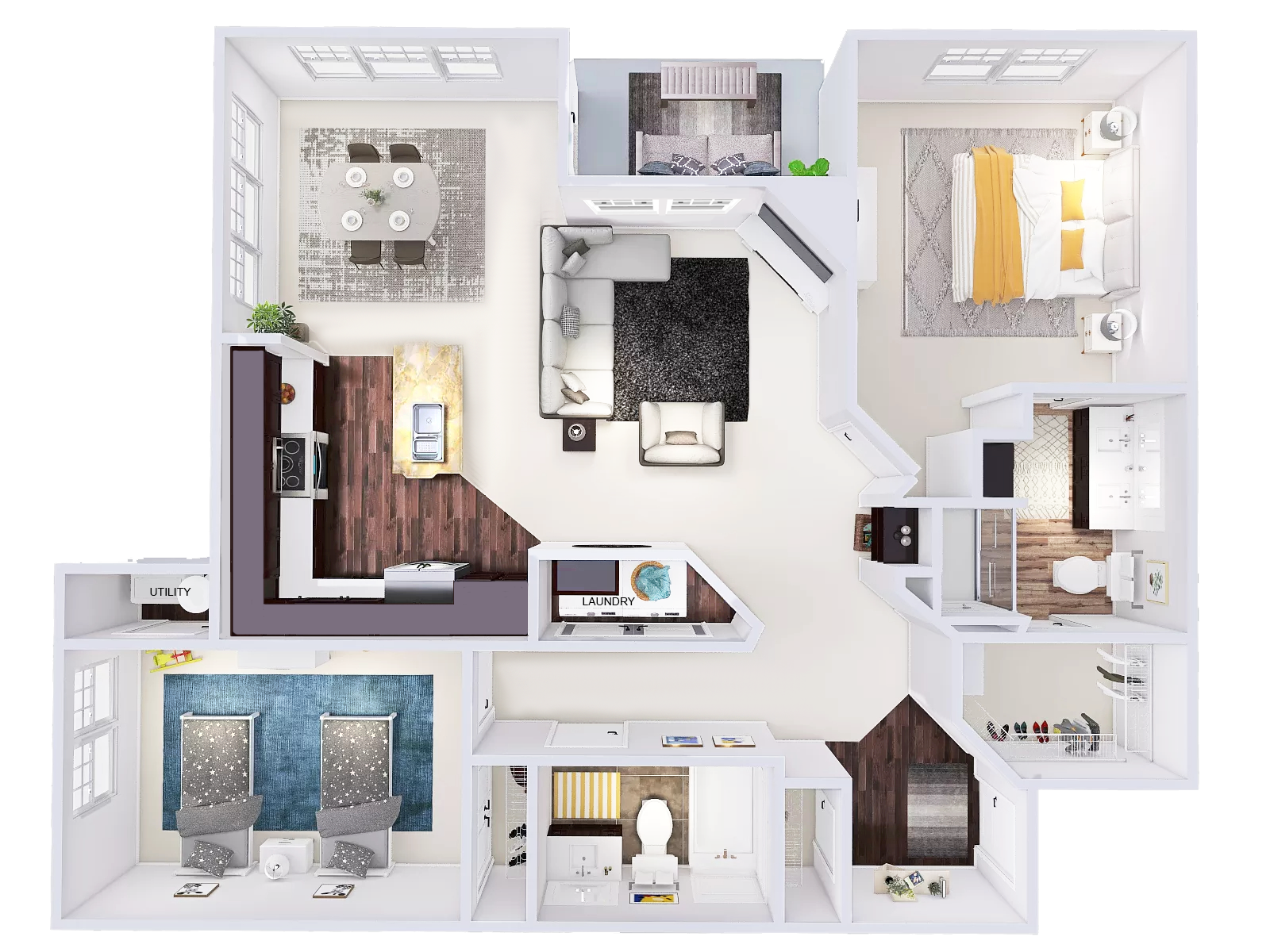 Floor plan for 2 beds, 2 baths, 1249 sqft